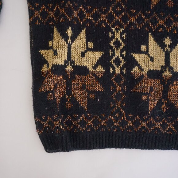 Vintage Rose Black Gold Cotton Knit Retro Eclectic Grandpa Holiday Sweater L - Picture 7 of 10
